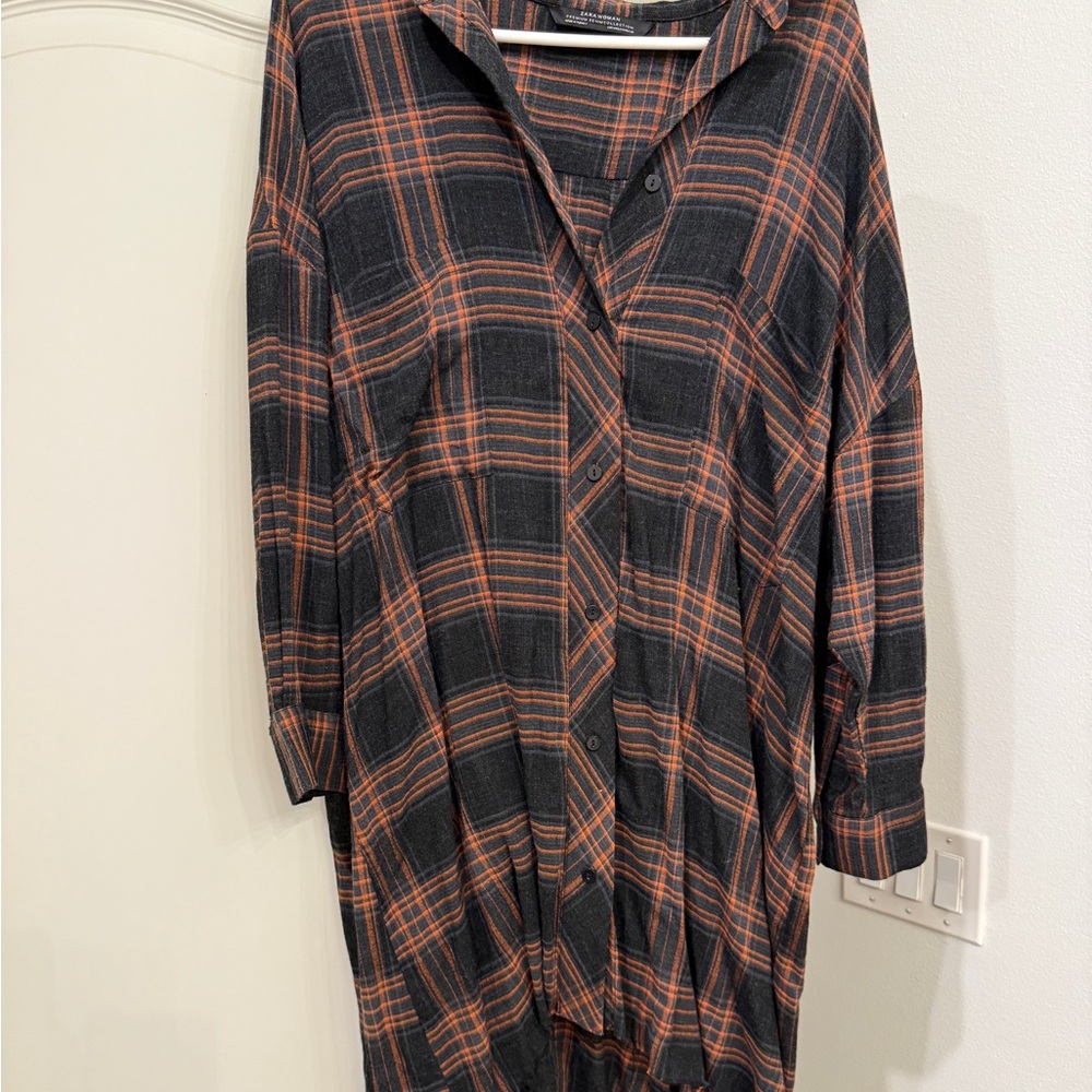 Zara Woman Gray and Orange Plaid Shirt Dress